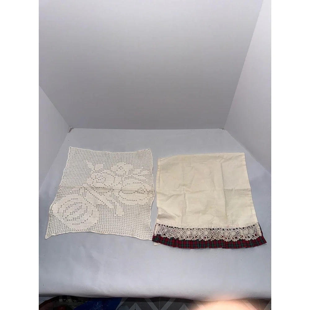 Vintage Crochet Rose Doily and Plaid Ruffle Dresser Scarf Lot Cream White 2pc